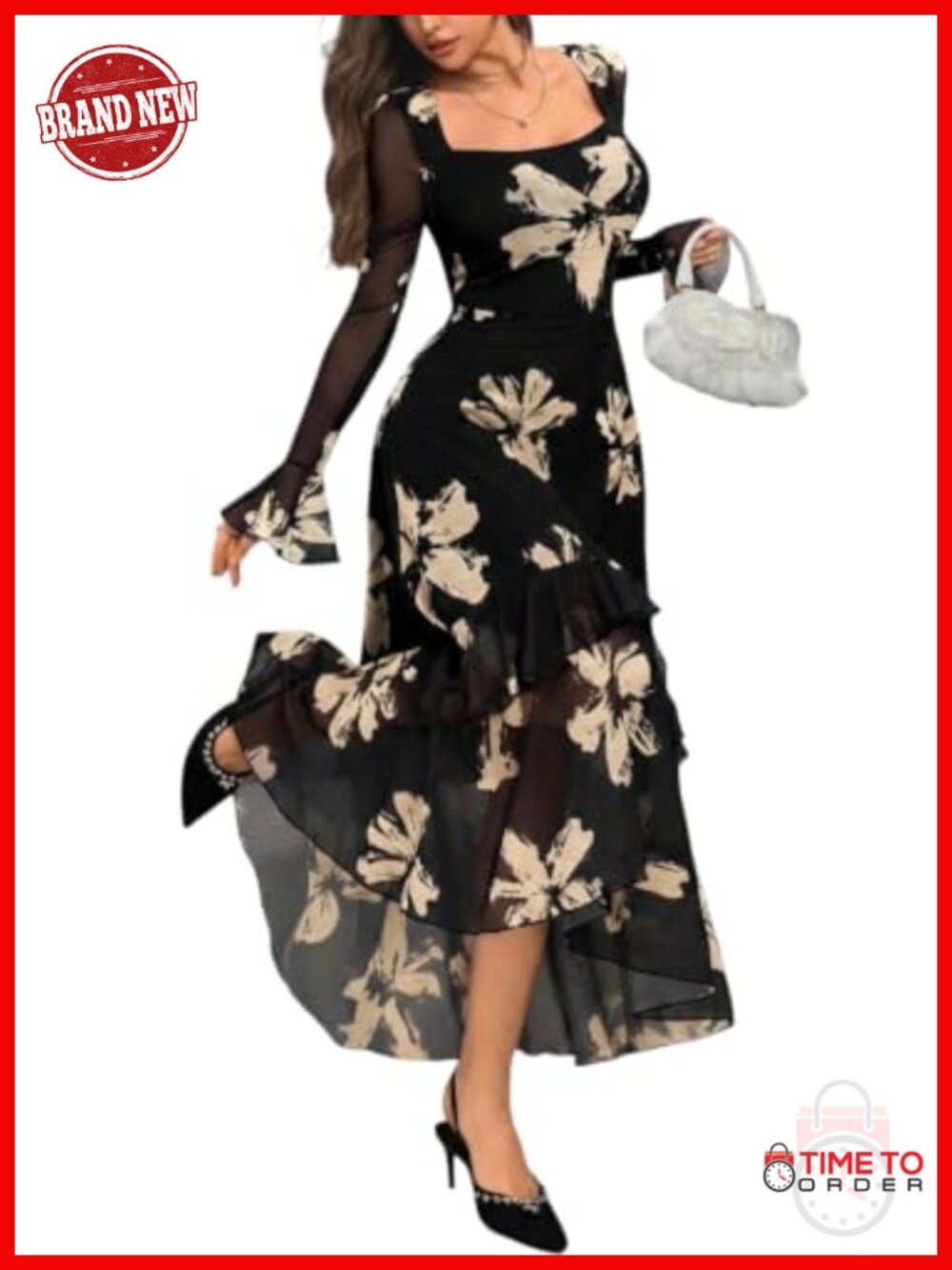 Women's Floral Mesh Square Neck Bell Sleeve Maxi Dress Wedding Guest